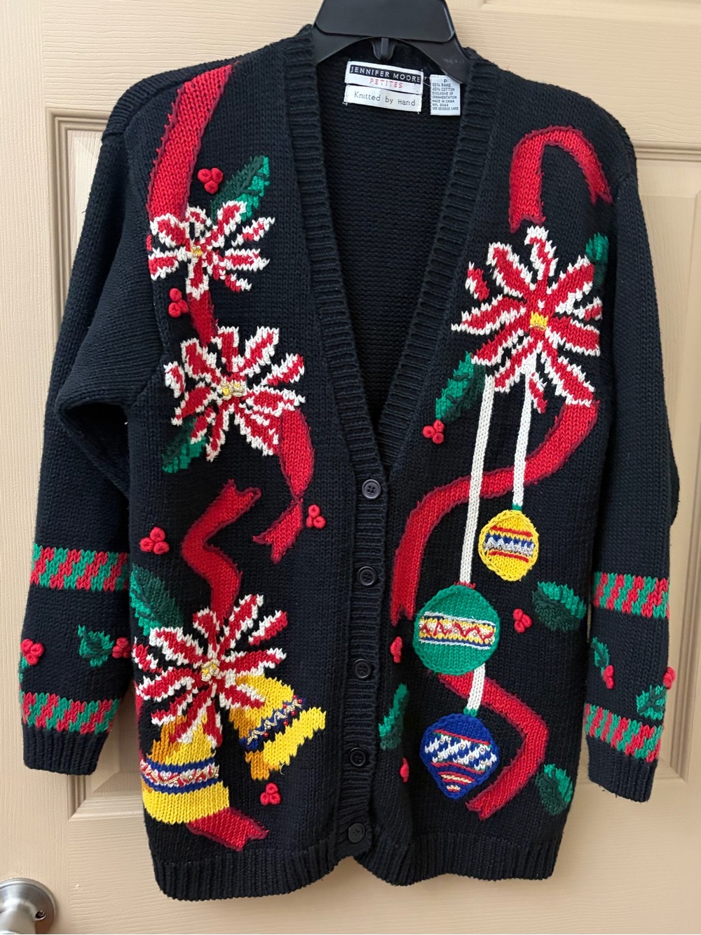 Vintage Jennifer Moore Hand Knit Black Holiday Cardigan Sweater with Poinsettias